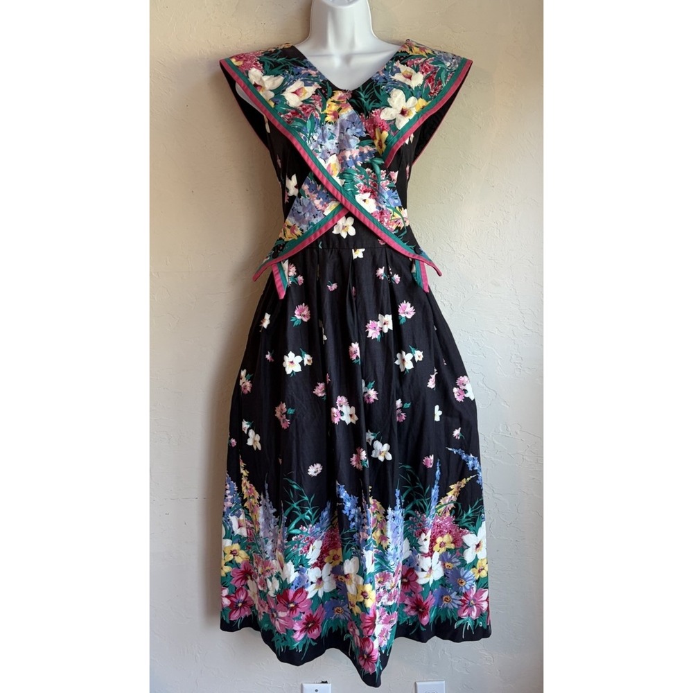 Vintage 80s Sharon Young Floral Midi Dress 10 Collar Romantic Cottagecore